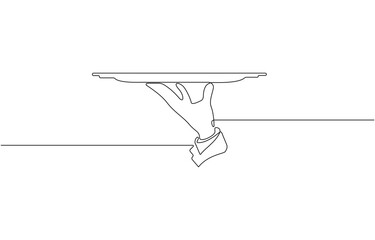 Continuous one line drawing of hand holding tray. Waiter hand holding tray in single line drawing , vector illustration on transparent background.