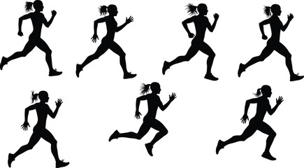Running silhouette vector set, black athletic motion poses with ponytail for fitness design, sports training, animation cycle, and dynamic movement illustration