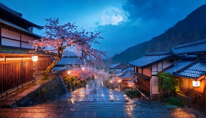 japanese village with cherry blossoms on a rainy spring night