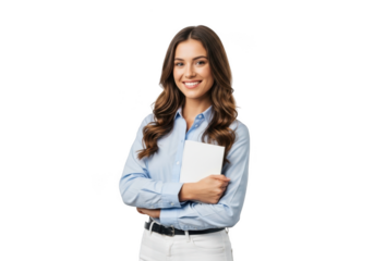 Smiling woman holding a book isolated on transparent background