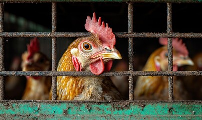 A chicken peering through a metal cage.  A close-up view of a hen in a rusty wire cage