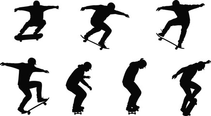 Skateboarding silhouette vector set, black trick poses with airborne stances and balance gestures for sport design, youth culture, and motion illustration