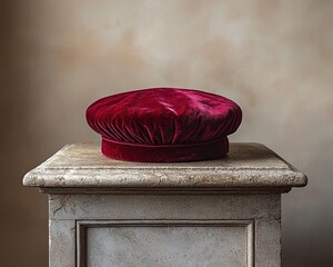 A maroon velvet cap sits atop a light beige pedestal against a textured backdrop