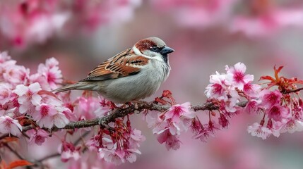 Obraz premium A charming sparrow perched gracefully on a blossoming cherry tree branch, surrounded by delicate pink flowers in full bloom