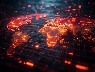Digital world map glowing with interconnected red points representing global data networks