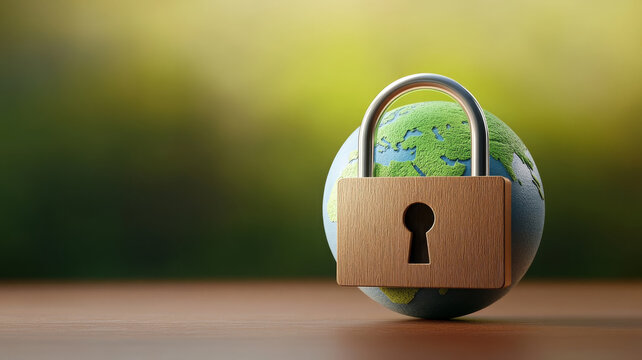 Globe lock security earth protection wooden padlock nature background safety concept