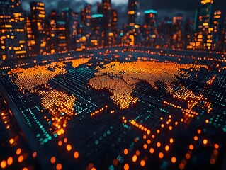A glowing digital world map rendered with lights against a blurred futuristic city background