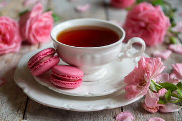 A cup of aromatic tea, a book and a rose on the table.