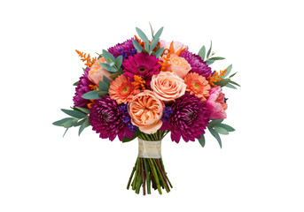 Vibrant, high-end floral bouquet with peach, pink, magenta, purple blooms, green/teal foliage, orange sprigs, silk ribbon, transparent background, high-key lighting. Concept of luxurious floral