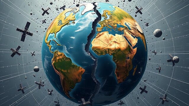 Fractured globe with mismatched seasonal quadrants spinning chaotically amid erratic satellite data.