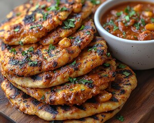 Stacked grilled flatbreads with a spicy topping and a side of curry