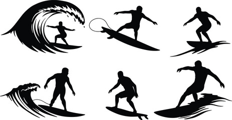 Surfing silhouette vector set, black wave-riding poses with leashes and splash effects for beach sport design, ocean motion, and lifestyle illustration