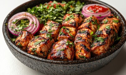 Grilled chicken skewers in a dark bowl, garnished with herbs and red onion