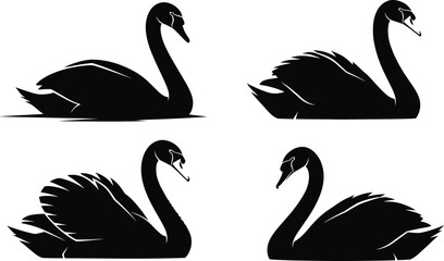 Swan silhouette set, black-and-white illustrations of elegant bird poses for nature, symmetry, wildlife, and decorative design themes