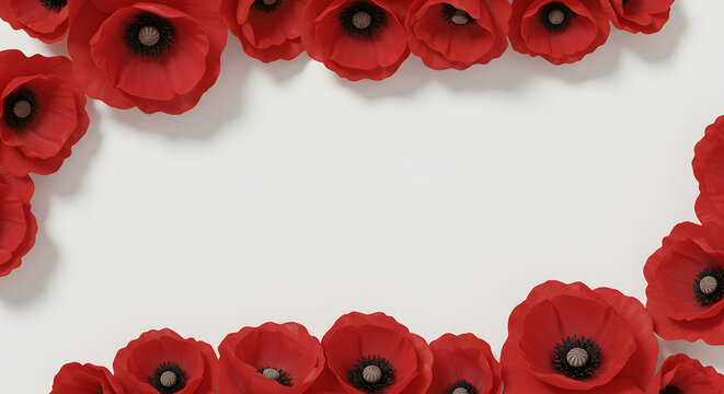 Red Poppy Flower Frame; Elegant, Minimalist, Remembrance Day Design; White Background; Copy Space; 3D Render.