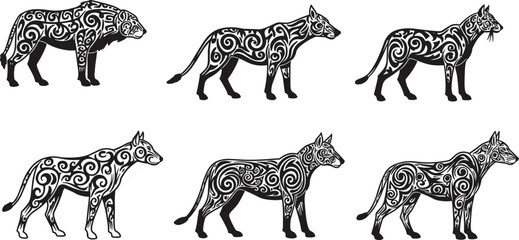 Tribal wolf vector set, ornamental animal silhouettes with swirling patterns for spiritual design, nature symbolism, tattoo art, and decorative wildlife illustration