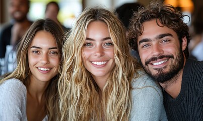 Three young people smiling at the camera in a cafe