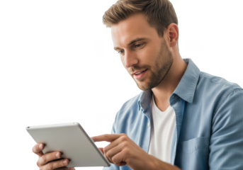 Man holding and touching a tablet computer isolated on transparent background