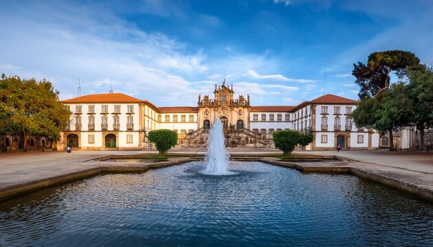 minho university and castle fountain at largo do paco braga portugal selective focus
