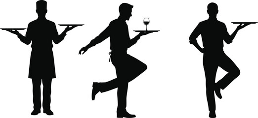Waiter silhouette set, black-and-white illustrations of serving poses with trays for hospitality, lifestyle, and character design themesWaiter silhouette set, black-and-white illustrations of serving 