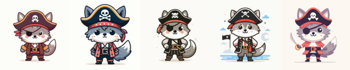 cute wolf vector in pirate costume