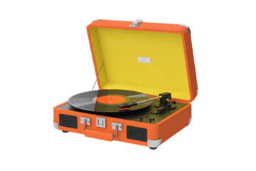 Vibrant retro suitcase record player spinning vinyl for nostalgic music enjoyment