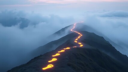 Glowing footprints ascending misty mountains, representing the challenging path of personal health journeys.