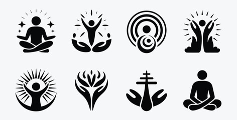 Naklejka premium Collection of abstract yoga and meditation icons depicting spiritual wellness
