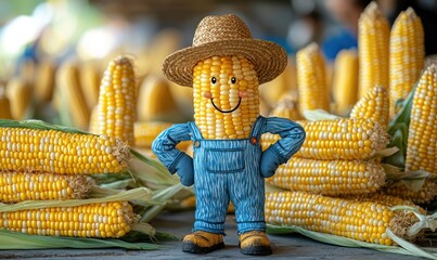 A cheerful corn cob figurine in overalls and a straw hat stands amongst other corn cobs