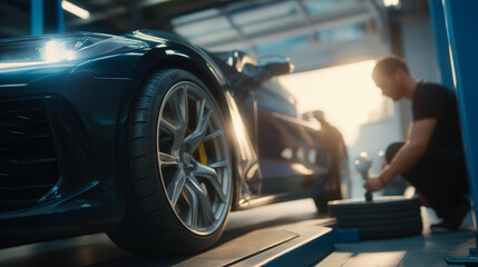 A tire changer practices in a training bay with air guns whirring lug nuts spinning mock wheels swapping and a coach timing with a stopwatch captured in a disciplined photo wit