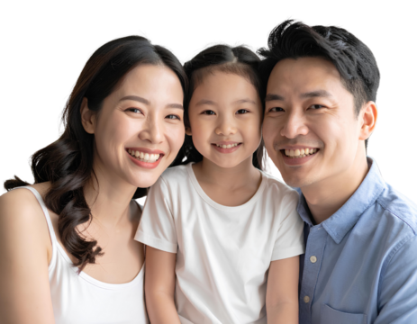 Portrait of a happy family with daughter, smiling parents and child together, perfect isolated on a transparent background.