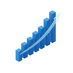 Fototapeta premium Blue bar chart with upward arrow illustrates growth and success in business and finance transparent background
