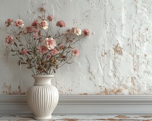 A vase of dried pink and cream carnations on a distressed wooden surface against a textured white wall