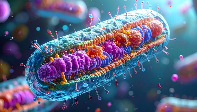 educational 3d render of bacterium cross section showing nucleoid, ribosomes, plasmid dna, and cell membrane