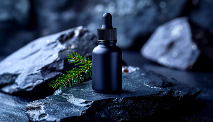 Matte black bottle with dropper cap on dark slate surface under dramatic low angle light perfect for premium skincare product photography