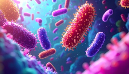 Fototapeta premium Microscopic view of vibrant bacteria and viruses, showcasing intricate cellular structures