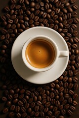Fototapeta premium Artisanal espresso coffee presentation with premium beans and minimalist white porcelain styling