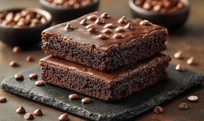 Chocolate brownies stacked on a slate plate