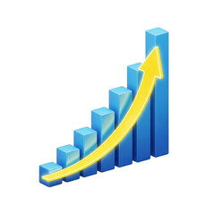 Upward trend bar chart with yellow arrow showing financial growth and business progress transparent background