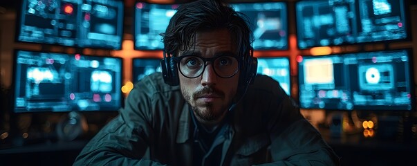 A focused man wearing headphones and glasses examines complex data on multiple computer screens in a dark futuristic control room
