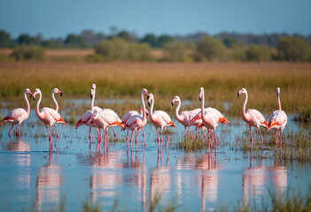 Lake with Flamingos in Natural Wetland