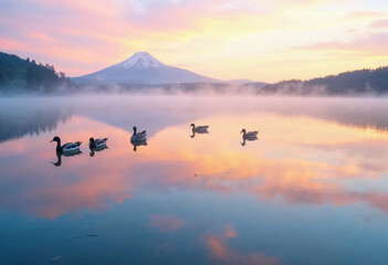 Misty Morning Lake with Ducks and Reflection
