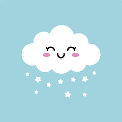 kawaii white cloud with happy expression falling stars vector graphic for children weather icons and backgrounds