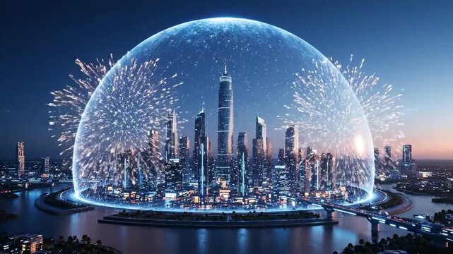 Skyline Shield: A futuristic cityscape, shielded under a shimmering dome, protected by a luminous force field, showcases a vision of urban resilience and technological advancement. 