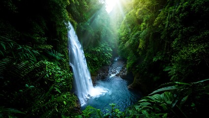 Waterfall cascading through a vibrant green tropical rainforest landscape