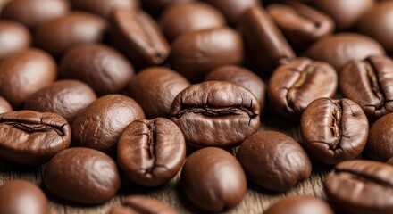 Fototapeta premium Roasted Coffee Beans on Wooden Table, Close-Up View