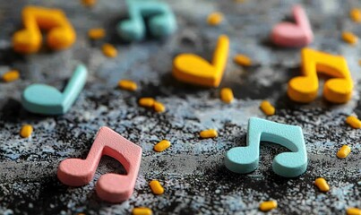 Colorful musical notes scattered on a textured surface