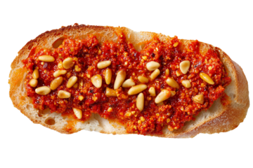 Artistic Side Angle of Ciabatta Slice with Sun-Dried Tomato Pesto and Pine Nuts, Rustic Wooden Board Background, Transparent Background