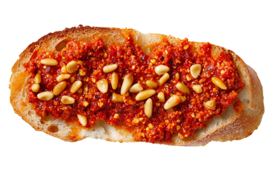 Artistic Side Angle of Ciabatta Slice with Sun-Dried Tomato Pesto and Pine Nuts, Rustic Wooden Board Background, Transparent Background
