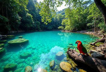 Pristine Lake with Colorful Birds on Shore